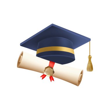 Mezuniyet şapkalı 3D diploma. Mavi havan tahtalı klasik rulo kağıt. Üniversite, üniversite ya da okul mezuniyet sertifikası. Vektör çizimi. EPS 10.