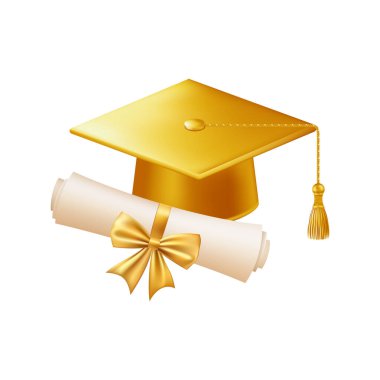 Mezuniyet şapkalı 3D diploma. Altın havan tahtalı klasik rulo kağıt. Üniversite, üniversite ya da okul mezuniyet sertifikası. Vektör çizimi. EPS 10.