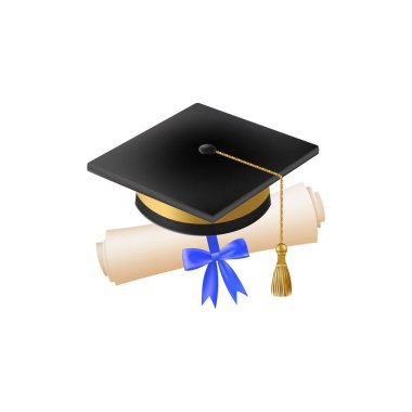 Mezuniyet şapkalı 3D diploma. Siyah havan tahtalı klasik rulo kağıt. Üniversite, üniversite ya da okul mezuniyet sertifikası. Vektör çizimi. EPS 10.