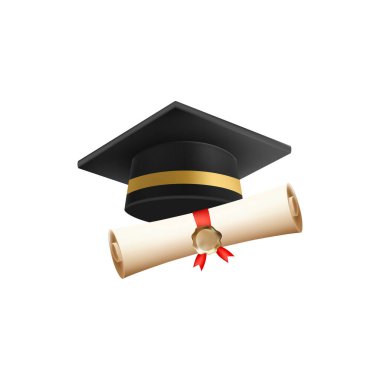 Mezuniyet şapkalı 3D diploma. Siyah havan tahtalı klasik rulo kağıt. Üniversite, üniversite ya da okul mezuniyet sertifikası. Vektör çizimi. EPS 10.