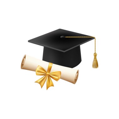 Mezuniyet şapkalı 3D diploma. Siyah havan tahtalı klasik rulo kağıt. Üniversite, üniversite ya da okul mezuniyet sertifikası. Vektör çizimi. EPS 10.