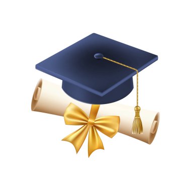 Mezuniyet şapkalı 3D diploma. Mavi havan tahtalı klasik rulo kağıt. Üniversite, üniversite ya da okul mezuniyet sertifikası. Vektör çizimi. EPS 10.