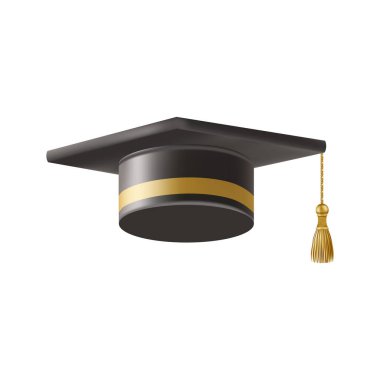 Gerçekçi siyah mezuniyet şapkası. 3 Boyutlu Doktora Şapkası. Yüksek lisans akademik havan topu. Öğrenci diploması. Vektör illüstrasyonu.