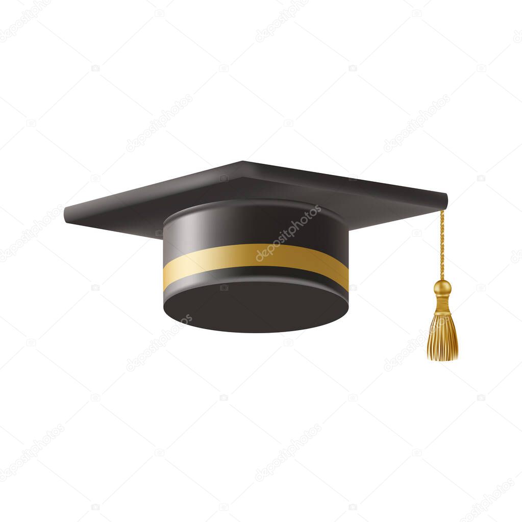 Realistic Black graduate cap. 3D Graduation Doctoral hat. PhD Academic mortarboard. Student degree board. Vector illustration.