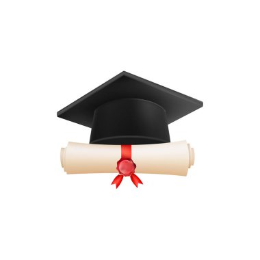 Mezuniyet şapkalı 3D diploma. Siyah havan tahtalı klasik rulo kağıt. Üniversite, üniversite ya da okul mezuniyet sertifikası. Vektör çizimi. EPS 10.