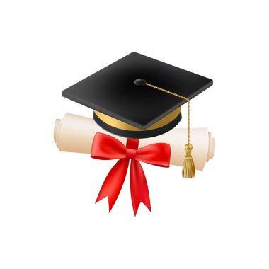 Mezuniyet şapkalı 3D diploma. Siyah havan tahtalı klasik rulo kağıt. Üniversite, üniversite ya da okul mezuniyet sertifikası. Vektör çizimi. EPS 10.