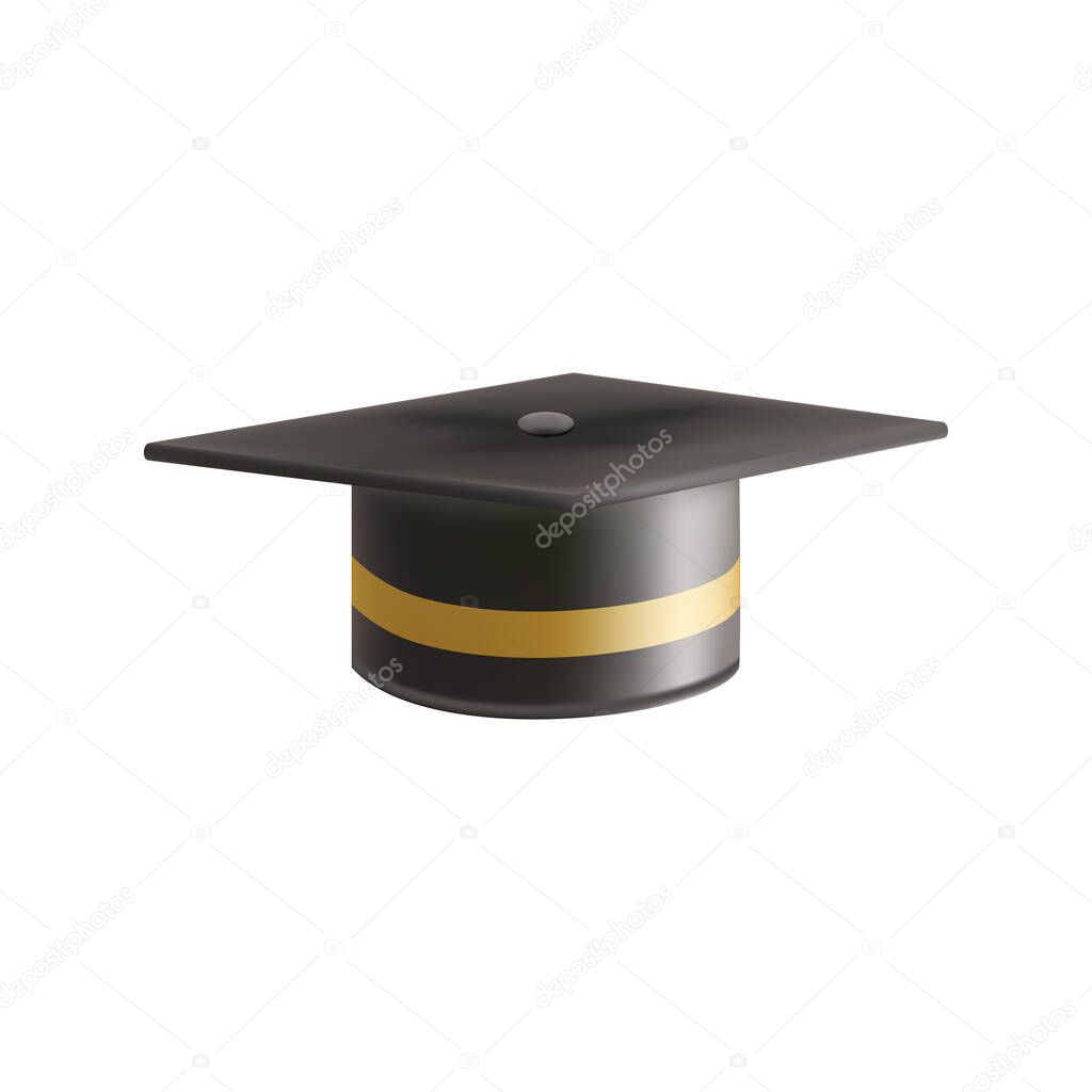 Realistic Black graduate cap. 3D Graduation Doctoral hat. PhD Academic mortarboard. Student degree board. Vector illustration.