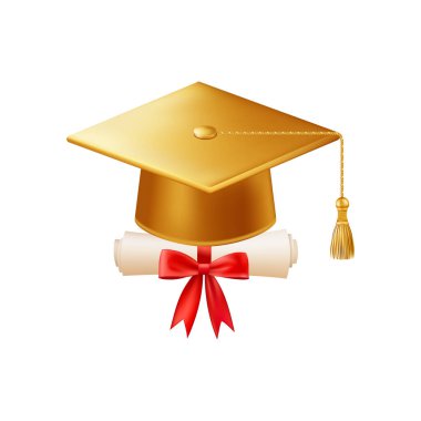 Mezuniyet şapkalı 3D diploma. Altın havan tahtalı klasik rulo kağıt. Üniversite, üniversite ya da okul mezuniyet sertifikası. Vektör çizimi. EPS 10.