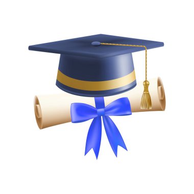 Mezuniyet şapkalı 3D diploma. Mavi havan tahtalı klasik rulo kağıt. Üniversite, üniversite ya da okul mezuniyet sertifikası. Vektör çizimi. EPS 10.