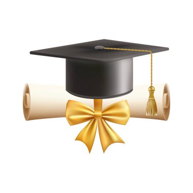 Mezuniyet şapkalı 3D diploma. Siyah havan tahtalı klasik rulo kağıt. Üniversite, üniversite ya da okul mezuniyet sertifikası. Vektör çizimi. EPS 10.