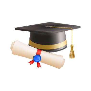 Mezuniyet şapkalı 3D diploma. Siyah havan tahtalı klasik rulo kağıt. Üniversite, üniversite ya da okul mezuniyet sertifikası. Vektör çizimi. EPS 10.