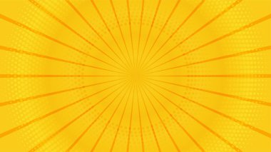 Sarı yarım tonlu bg üzerinde turuncu güneş ışınları. Pop Art çizgi film geçmişi. Klasik güneş patlaması etkisi. Vektör çizimi. EPS 10.
