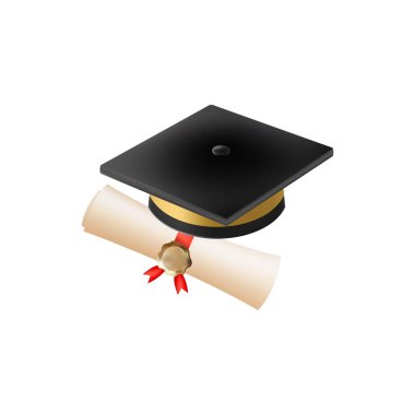 Mezuniyet şapkalı 3D diploma. Siyah havan tahtalı klasik rulo kağıt. Üniversite, üniversite ya da okul mezuniyet sertifikası. Vektör çizimi. EPS 10.