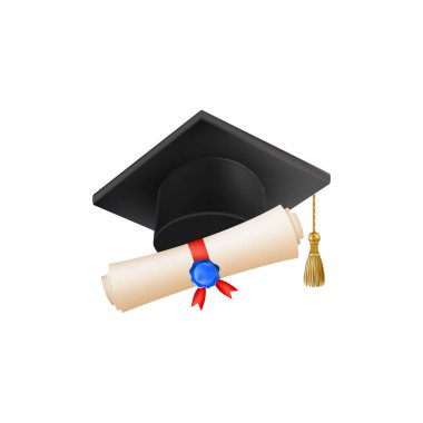 Mezuniyet şapkalı 3D diploma. Siyah havan tahtalı klasik rulo kağıt. Üniversite, üniversite ya da okul mezuniyet sertifikası. Vektör çizimi. EPS 10.