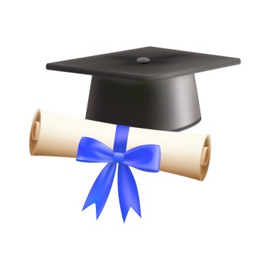 Mezuniyet şapkalı 3D diploma. Siyah havan tahtalı klasik rulo kağıt. Üniversite, üniversite ya da okul mezuniyet sertifikası. Vektör çizimi. EPS 10.