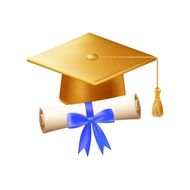 Mezuniyet şapkalı 3D diploma. Altın havan tahtalı klasik rulo kağıt. Üniversite, üniversite ya da okul mezuniyet sertifikası. Vektör çizimi. EPS 10.
