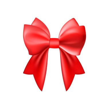 3D gerçekçi kırmızı hediye yayı. Noel, doğum günü ve satış dekorasyonu. İpek fiyonk. Geleneksel tatil aksesuarı. Vektör illüstrasyonuName.