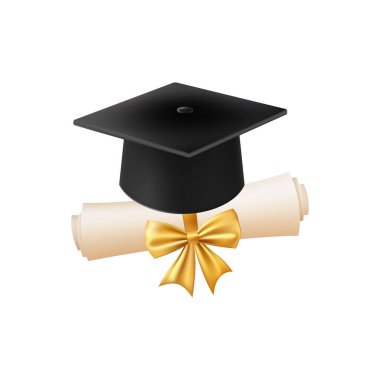 Mezuniyet şapkalı 3D diploma. Siyah havan tahtalı klasik rulo kağıt. Üniversite, üniversite ya da okul mezuniyet sertifikası. Vektör çizimi. EPS 10.