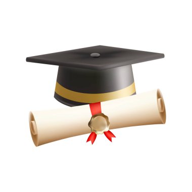 Mezuniyet şapkalı 3D diploma. Siyah havan tahtalı klasik rulo kağıt. Üniversite, üniversite ya da okul mezuniyet sertifikası. Vektör çizimi. EPS 10.