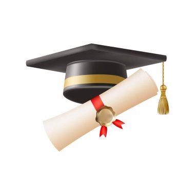 Mezuniyet şapkalı 3D diploma. Siyah havan tahtalı klasik rulo kağıt. Üniversite, üniversite ya da okul mezuniyet sertifikası. Vektör çizimi. EPS 10.