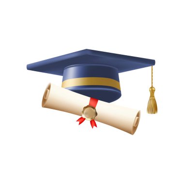 Mezuniyet şapkalı 3D diploma. Mavi havan tahtalı klasik rulo kağıt. Üniversite, üniversite ya da okul mezuniyet sertifikası. Vektör çizimi. EPS 10.