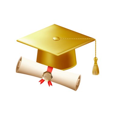 Mezuniyet şapkalı 3D diploma. Altın havan tahtalı klasik rulo kağıt. Üniversite, üniversite ya da okul mezuniyet sertifikası. Vektör çizimi. EPS 10.