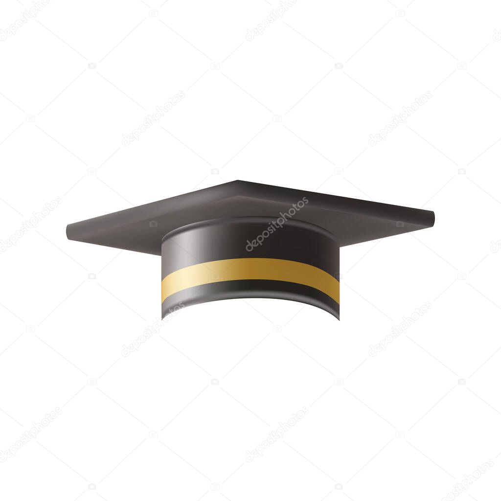 Realistic Black graduate cap. 3D Graduation Doctoral hat. PhD Academic mortarboard. Student degree board. Vector illustration.
