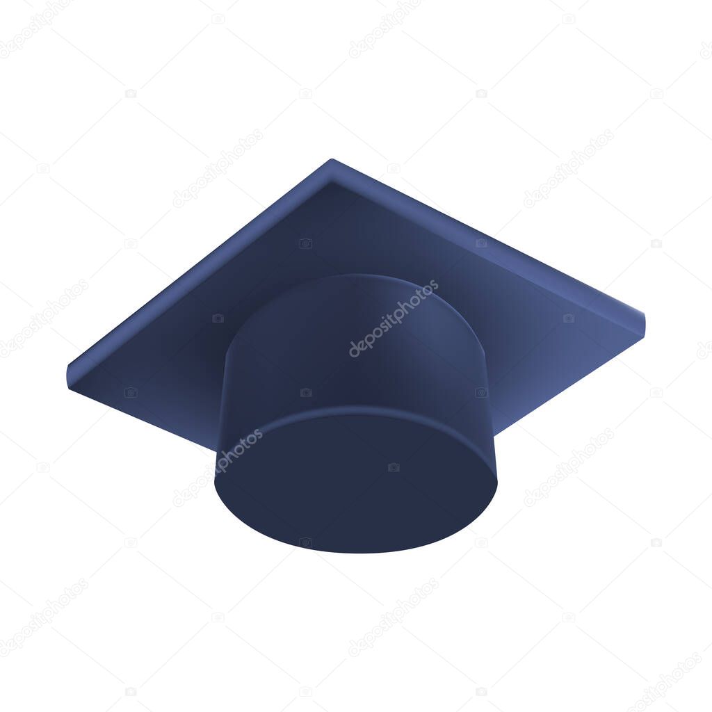 Realistic Blue graduate cap. 3D Graduation Doctoral hat. PhD Academic mortarboard. Student degree board. Vector illustration.
