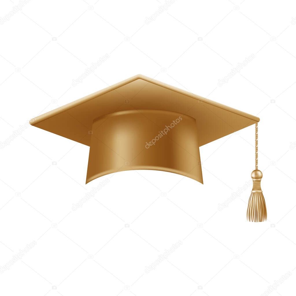 Realistic gold graduate cap. 3D Graduation Doctoral hat. PhD Academic mortarboard. Student degree board. Vector illustration.