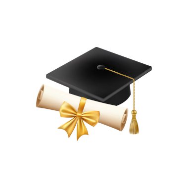 Mezuniyet şapkalı 3D diploma. Siyah havan tahtalı klasik rulo kağıt. Üniversite, üniversite ya da okul mezuniyet sertifikası. Vektör çizimi. EPS 10.