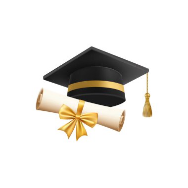 Mezuniyet şapkalı 3D diploma. Siyah havan tahtalı klasik rulo kağıt. Üniversite, üniversite ya da okul mezuniyet sertifikası. Vektör çizimi. EPS 10.