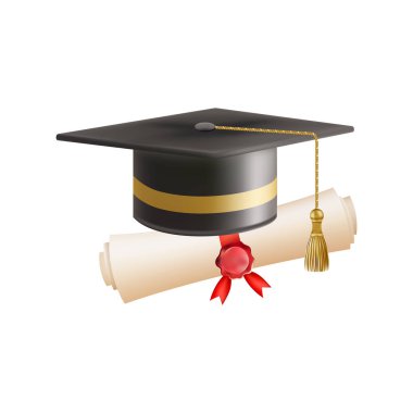 Mezuniyet şapkalı 3D diploma. Siyah havan tahtalı klasik rulo kağıt. Üniversite, üniversite ya da okul mezuniyet sertifikası. Vektör çizimi. EPS 10.