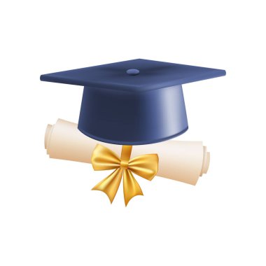 Mezuniyet şapkalı 3D diploma. Mavi havan tahtalı klasik rulo kağıt. Üniversite, üniversite ya da okul mezuniyet sertifikası. Vektör çizimi. EPS 10.