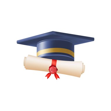 Mezuniyet şapkalı 3D diploma. Mavi havan tahtalı klasik rulo kağıt. Üniversite, üniversite ya da okul mezuniyet sertifikası. Vektör çizimi. EPS 10.