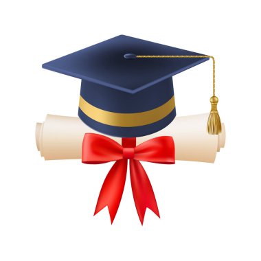 Mezuniyet şapkalı 3D diploma. Mavi havan tahtalı klasik rulo kağıt. Üniversite, üniversite ya da okul mezuniyet sertifikası. Vektör çizimi. EPS 10.