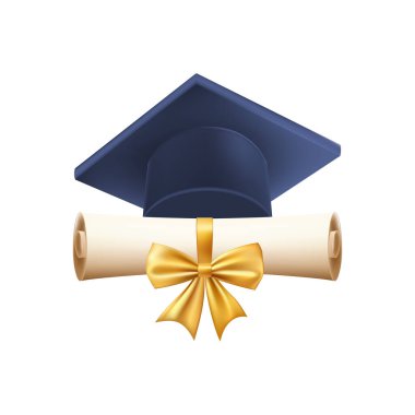 Mezuniyet şapkalı 3D diploma. Mavi havan tahtalı klasik rulo kağıt. Üniversite, üniversite ya da okul mezuniyet sertifikası. Vektör çizimi. EPS 10.