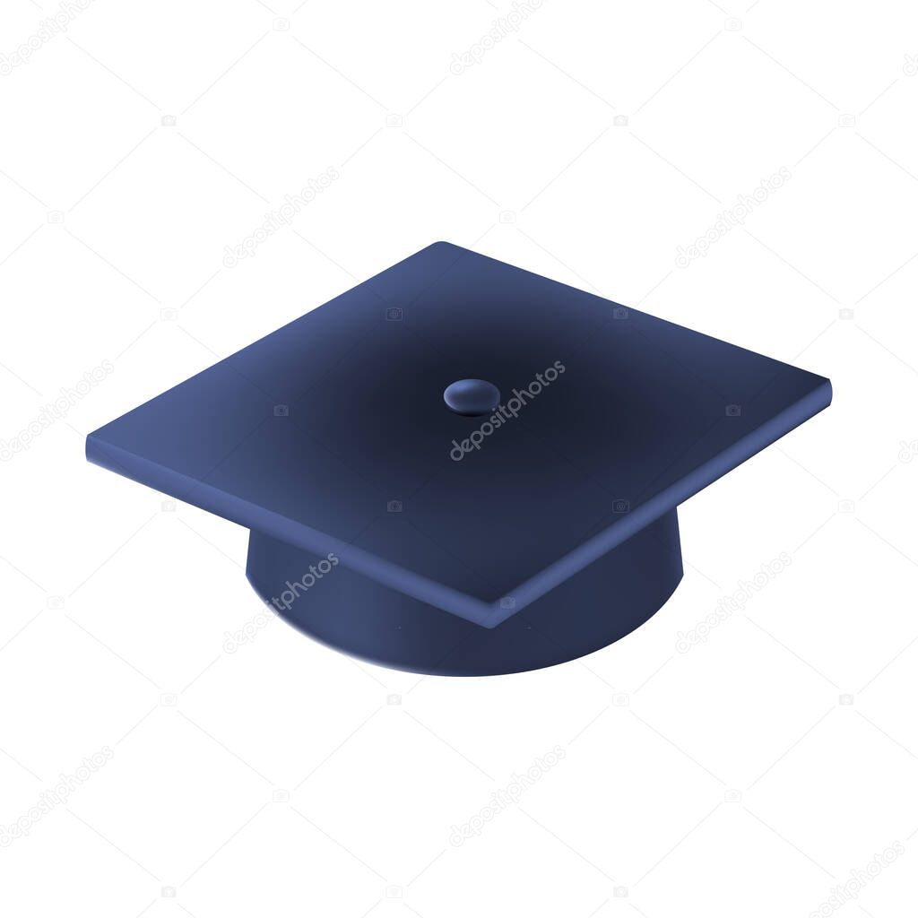 Realistic Blue graduate cap. 3D Graduation Doctoral hat. PhD Academic mortarboard. Student degree board. Vector illustration.