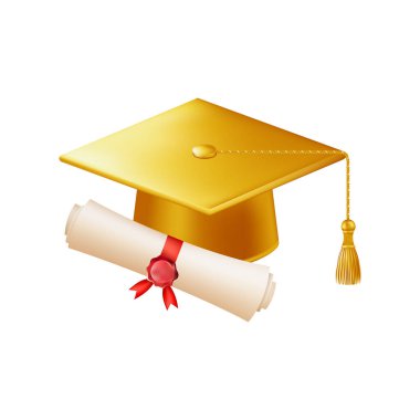 Mezuniyet şapkalı 3D diploma. Altın havan tahtalı klasik rulo kağıt. Üniversite, üniversite ya da okul mezuniyet sertifikası. Vektör çizimi. EPS 10.