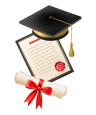 Mezuniyet şapkalı 3D diploması. Siyah havan tahtalı klasik rulo kağıt. Üniversite, üniversite ya da okul mezuniyet sertifikası. Vektör çizimi. EPS 10.