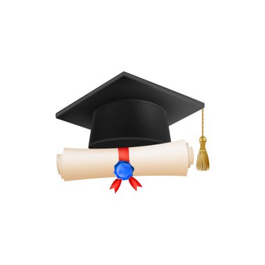 Mezuniyet şapkalı 3D diploma. Siyah havan tahtalı klasik rulo kağıt. Üniversite, üniversite ya da okul mezuniyet sertifikası. Vektör çizimi. EPS 10.