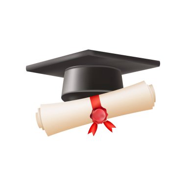 Mezuniyet şapkalı 3D diploma. Siyah havan tahtalı klasik rulo kağıt. Üniversite, üniversite ya da okul mezuniyet sertifikası. Vektör çizimi. EPS 10.
