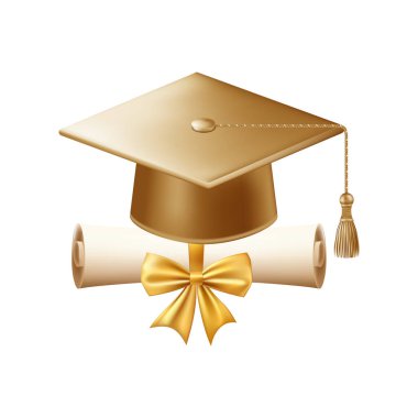 Mezuniyet şapkalı 3D diploma. Altın havan tahtalı klasik rulo kağıt. Üniversite, üniversite ya da okul mezuniyet sertifikası. Vektör çizimi. EPS 10.