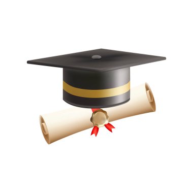 Mezuniyet şapkalı 3D diploma. Siyah havan tahtalı klasik rulo kağıt. Üniversite, üniversite ya da okul mezuniyet sertifikası. Vektör çizimi. EPS 10.