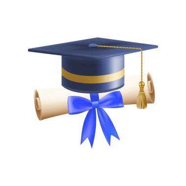 Mezuniyet şapkalı 3D diploma. Mavi havan tahtalı klasik rulo kağıt. Üniversite, üniversite ya da okul mezuniyet sertifikası. Vektör çizimi. EPS 10.