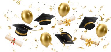 3D uçuş diploması ve mezun şapkası. Siyah havan tahtalı klasik rulo kağıt. Mezuniyet partisi davetiyesi, reklam afişi, reklam posteri. Vektör çizimi. EPS 10.