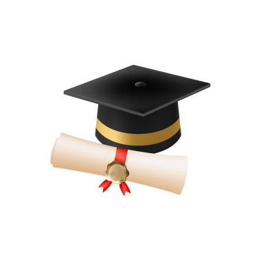 Mezuniyet şapkalı 3D diploma. Siyah havan tahtalı klasik rulo kağıt. Üniversite, üniversite ya da okul mezuniyet sertifikası. Vektör çizimi. EPS 10.