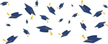 Kutlamadan mezun oluyor. Altın püsküllü uçan siyah mezuniyet şapkası. Farklı açılardan kare akademik kapaklar. Vektör illüstrasyonu beyaz arkaplanda izole edildi.