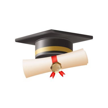Mezuniyet şapkalı 3D diploma. Siyah havan tahtalı klasik rulo kağıt. Üniversite, üniversite ya da okul mezuniyet sertifikası. Vektör çizimi. EPS 10.