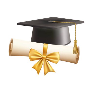 Mezuniyet şapkalı 3D diploma. Siyah havan tahtalı klasik rulo kağıt. Üniversite, üniversite ya da okul mezuniyet sertifikası. Vektör çizimi. EPS 10.
