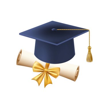 Mezuniyet şapkalı 3D diploma. Mavi havan tahtalı klasik rulo kağıt. Üniversite, üniversite ya da okul mezuniyet sertifikası. Vektör çizimi. EPS 10.